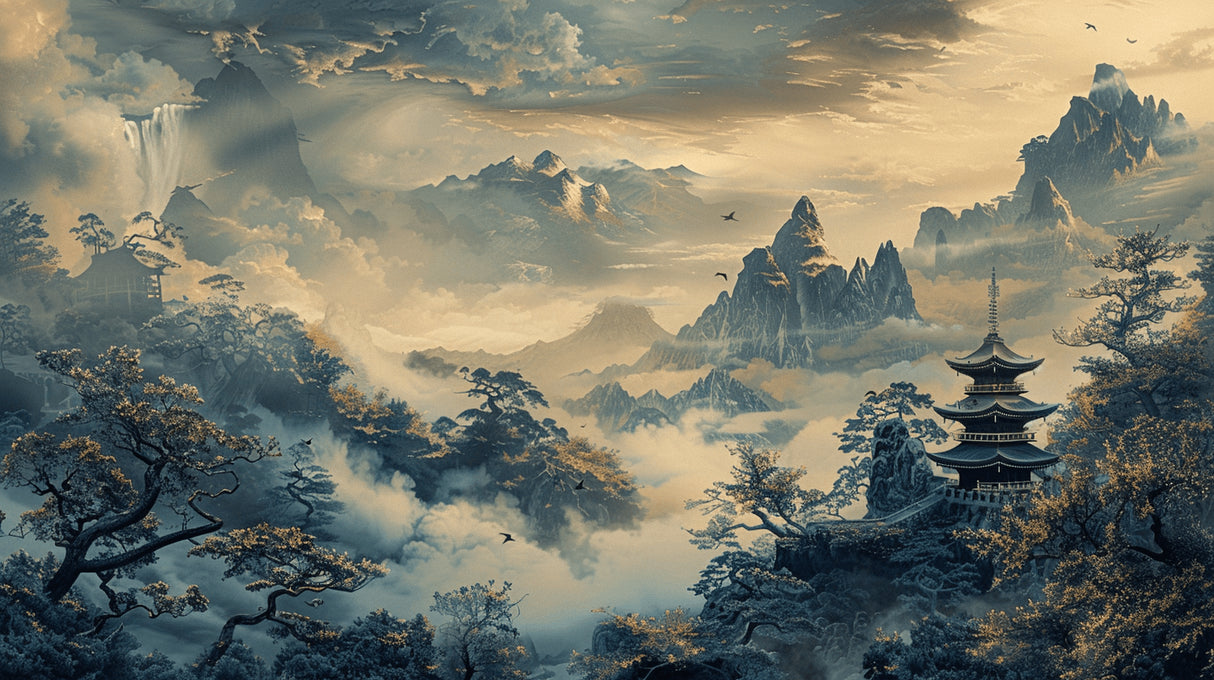 Japanese mountain landscape design file showing full misty peaks and pagoda pattern