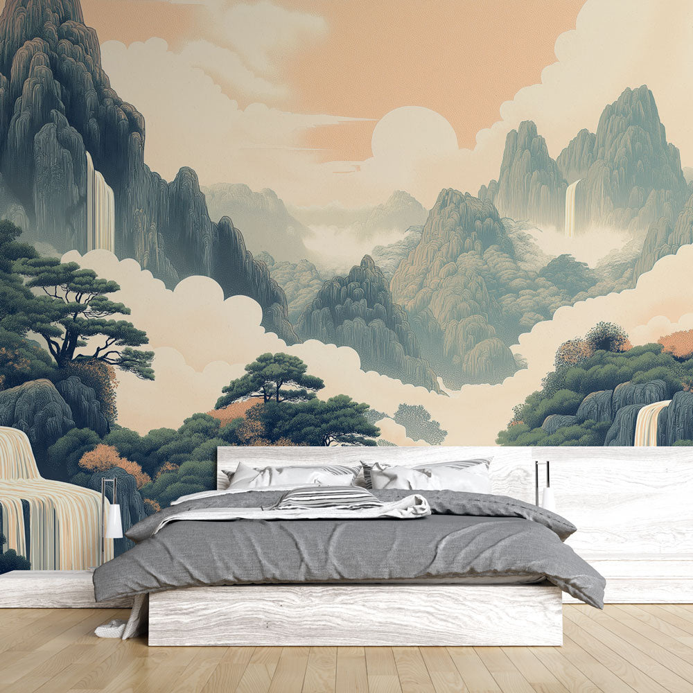 Japanese mountain mural wallpaper creating a serene atmosphere in a modern living room with minimal furniture