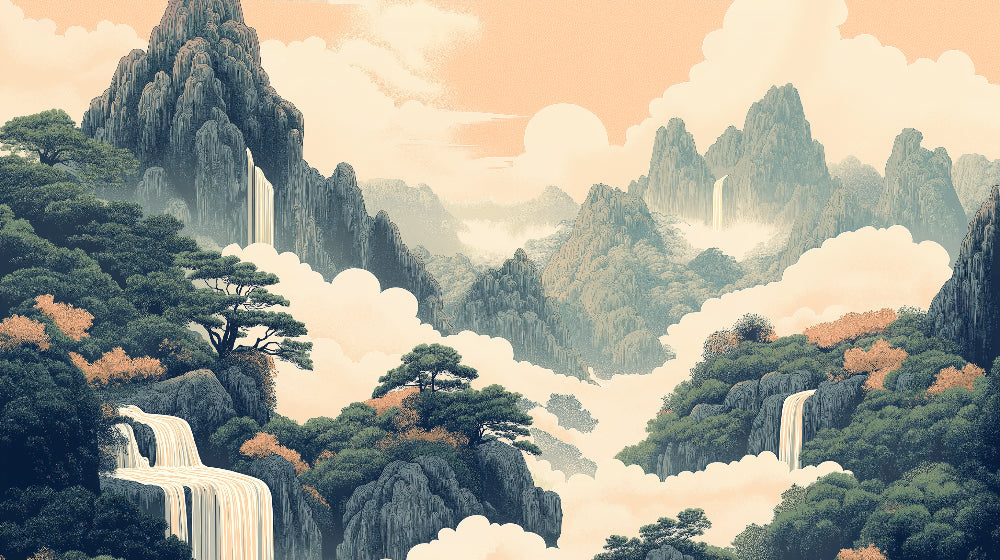 Japanese mountain landscape design file showing detailed misty waterfalls and pine trees pattern