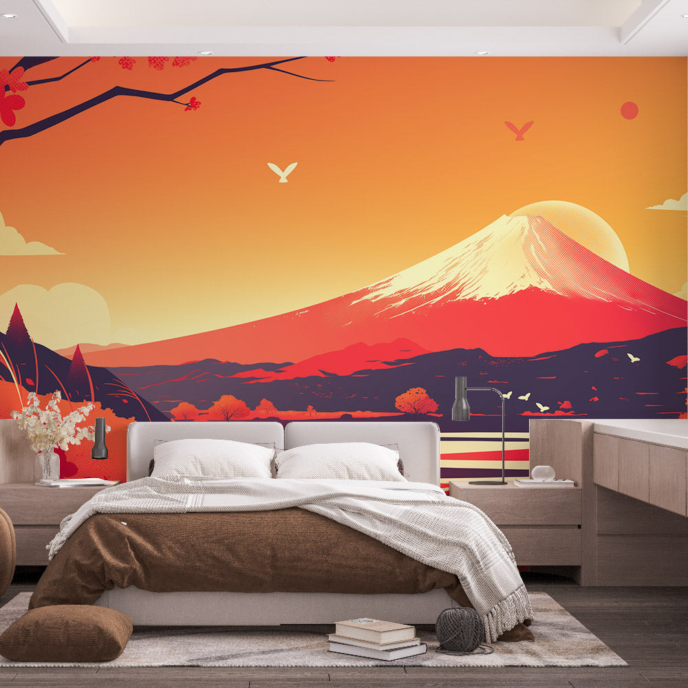 Japanese Mount Fuji wallpaper in modern living room, orange sunset tones creating warm atmosphere