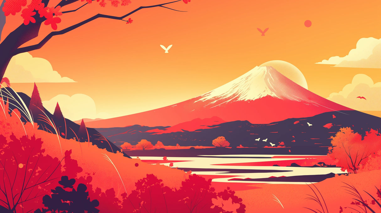 Mount Fuji wall mural in minimalist bedroom, showing scale and sunset colors