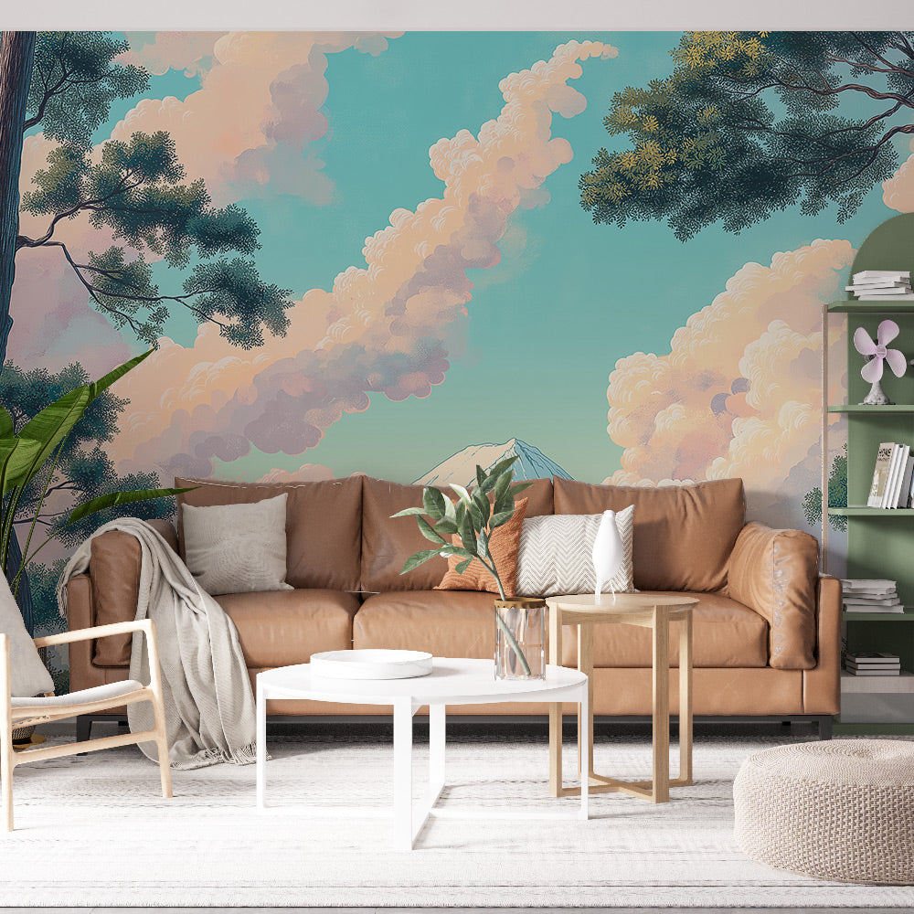 Japanese Mount Fuji wallpaper mural styled in a minimal living room, creating a serene focal point above a modern sofa