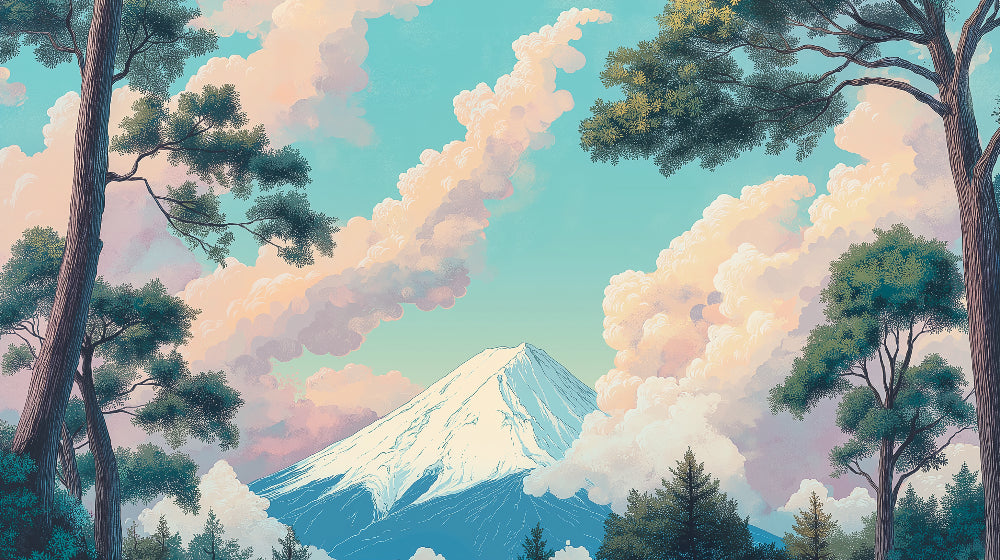 Mount Fuji with pine trees design file showing detailed Japanese landscape pattern and soft color palette