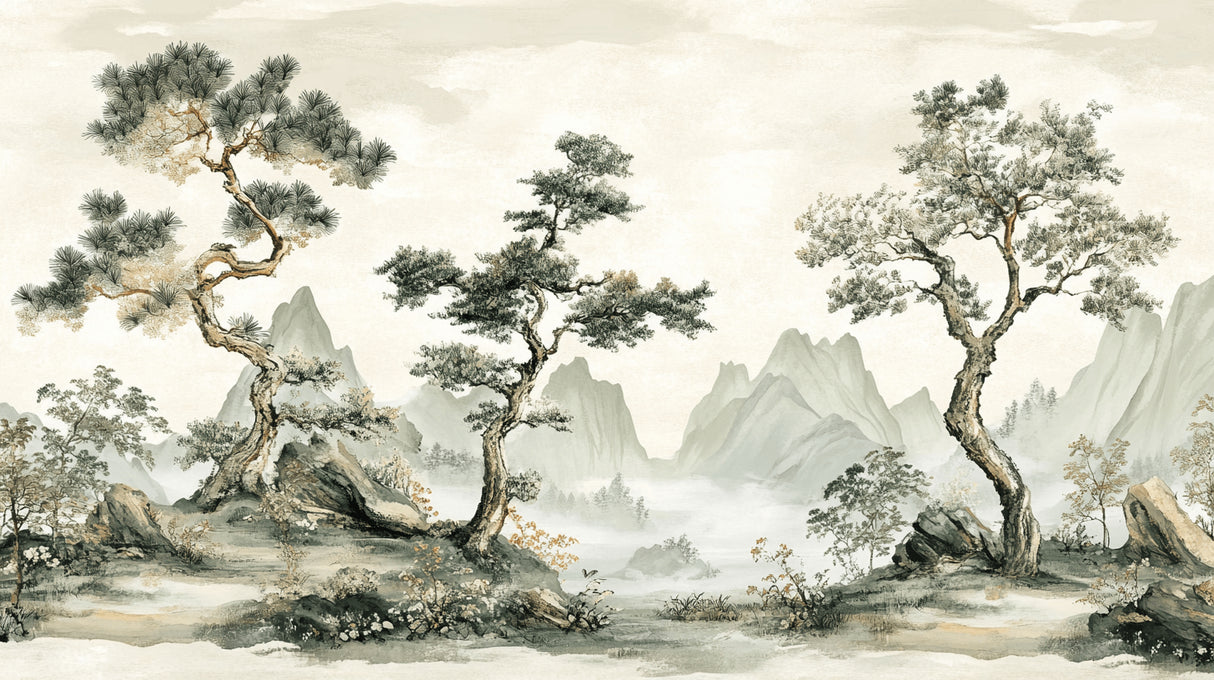 Japanese mountain and pine trees design file showing intricate brushwork and misty details