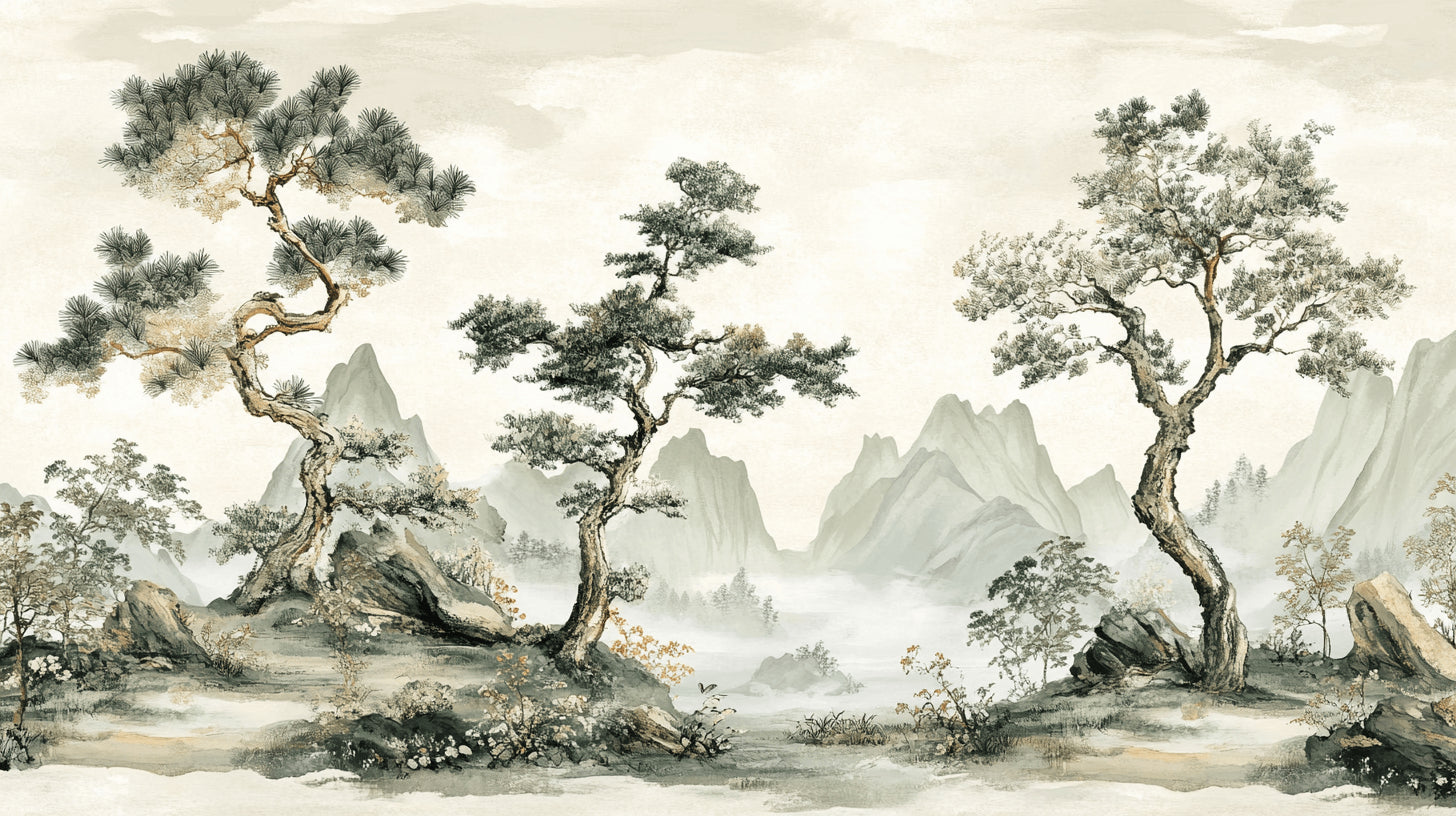 Japanese mountain and pine trees design file showing intricate brushwork and misty details