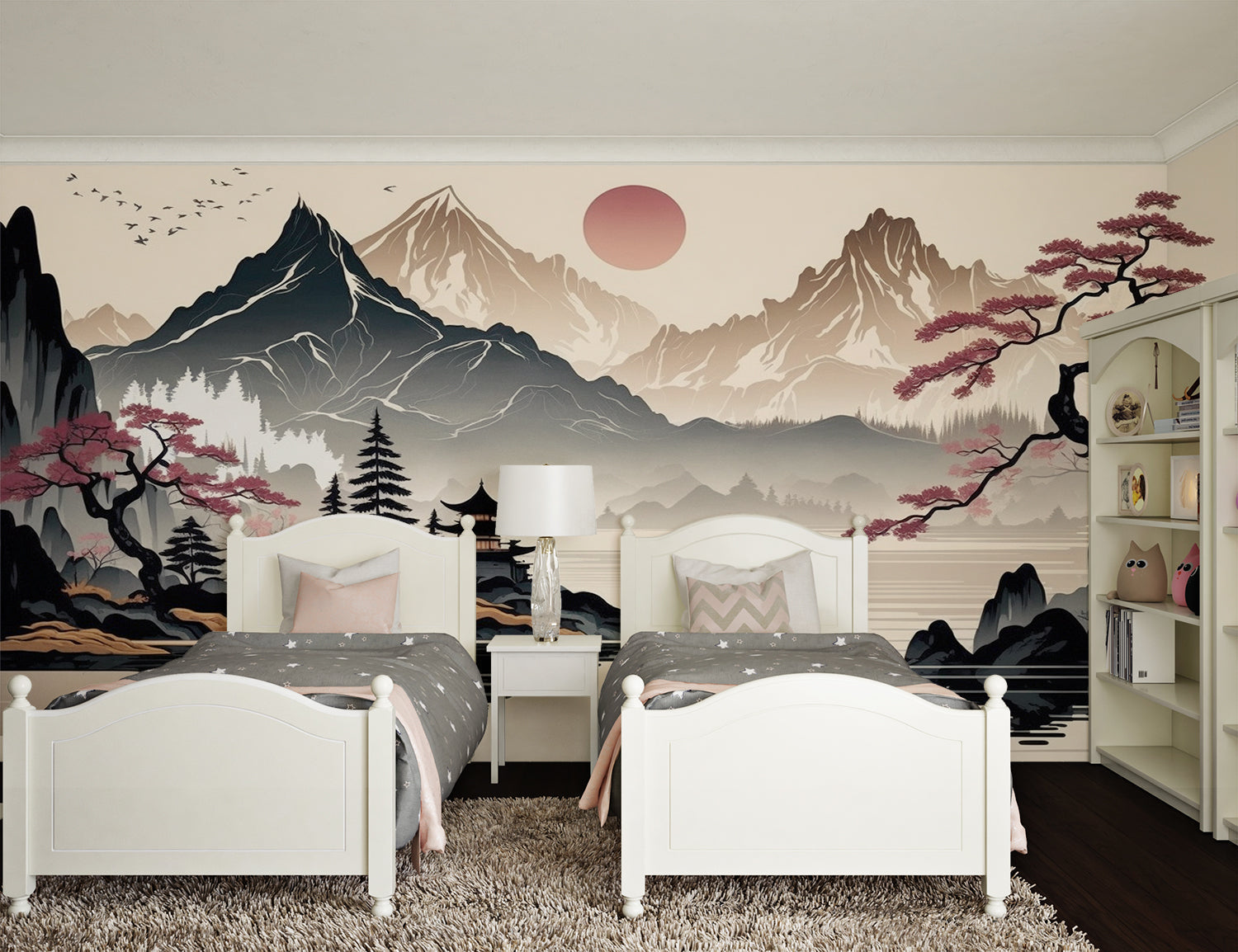 Cherry blossom mountain mural transforming a meditation room with soft sunset lighting