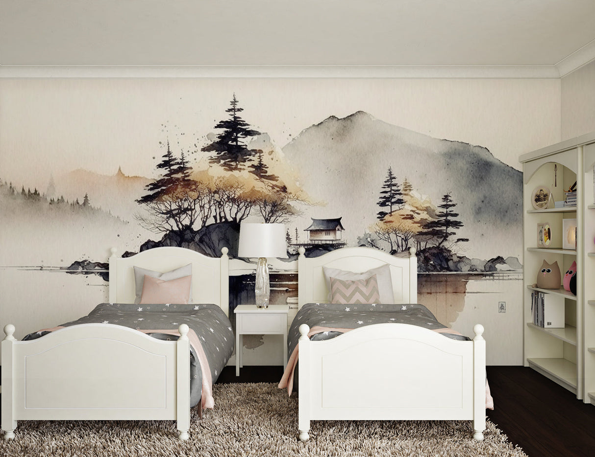 Oriental watercolor wallpaper in a meditation room with floor cushions