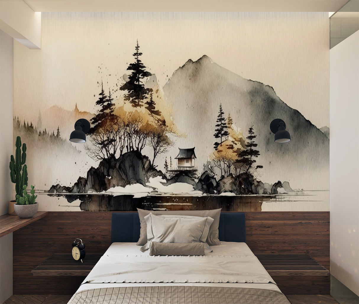 Japanese landscape wallpaper bringing serenity to a master bedroom