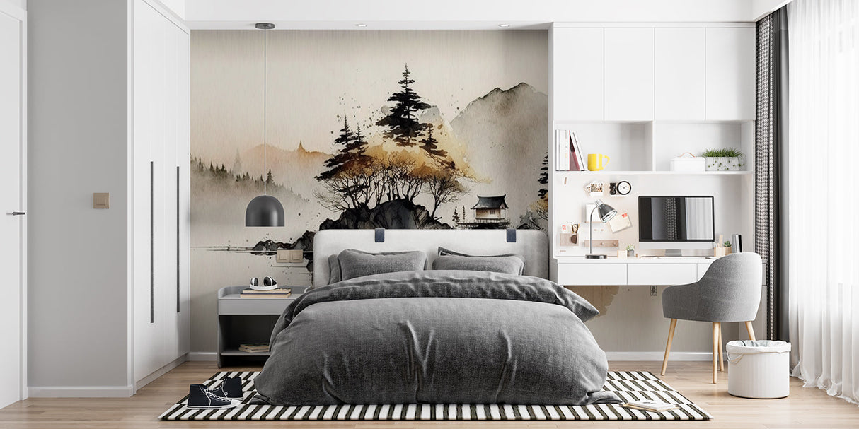 Mountain mural wallpaper transforming a home office space