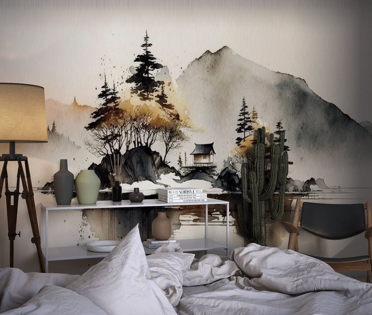 Asian mountain scene wallpaper in a dining room setting