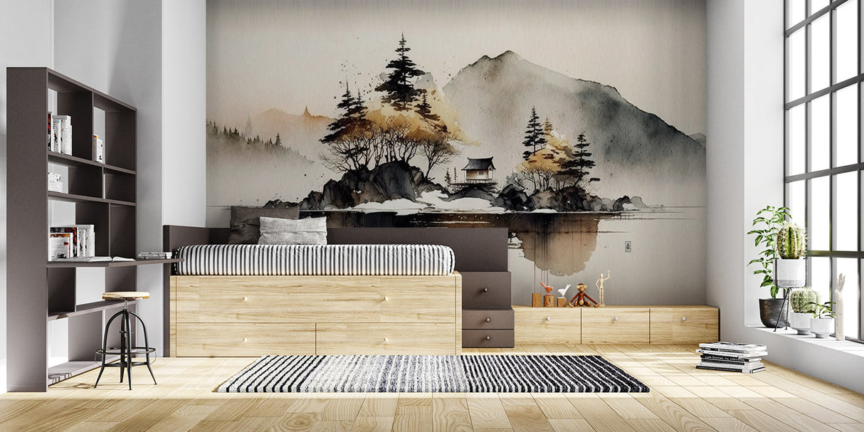 Japanese pagoda wallpaper creating depth in a hallway