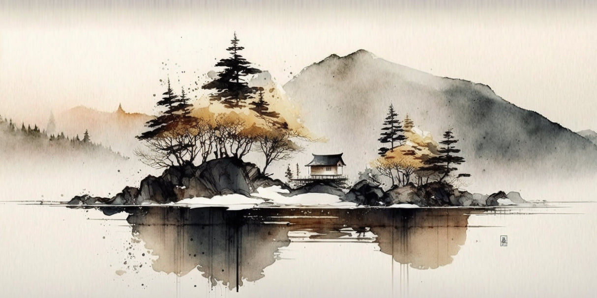 Japanese mountain landscape design file showing full watercolor pattern with pine trees and pagoda