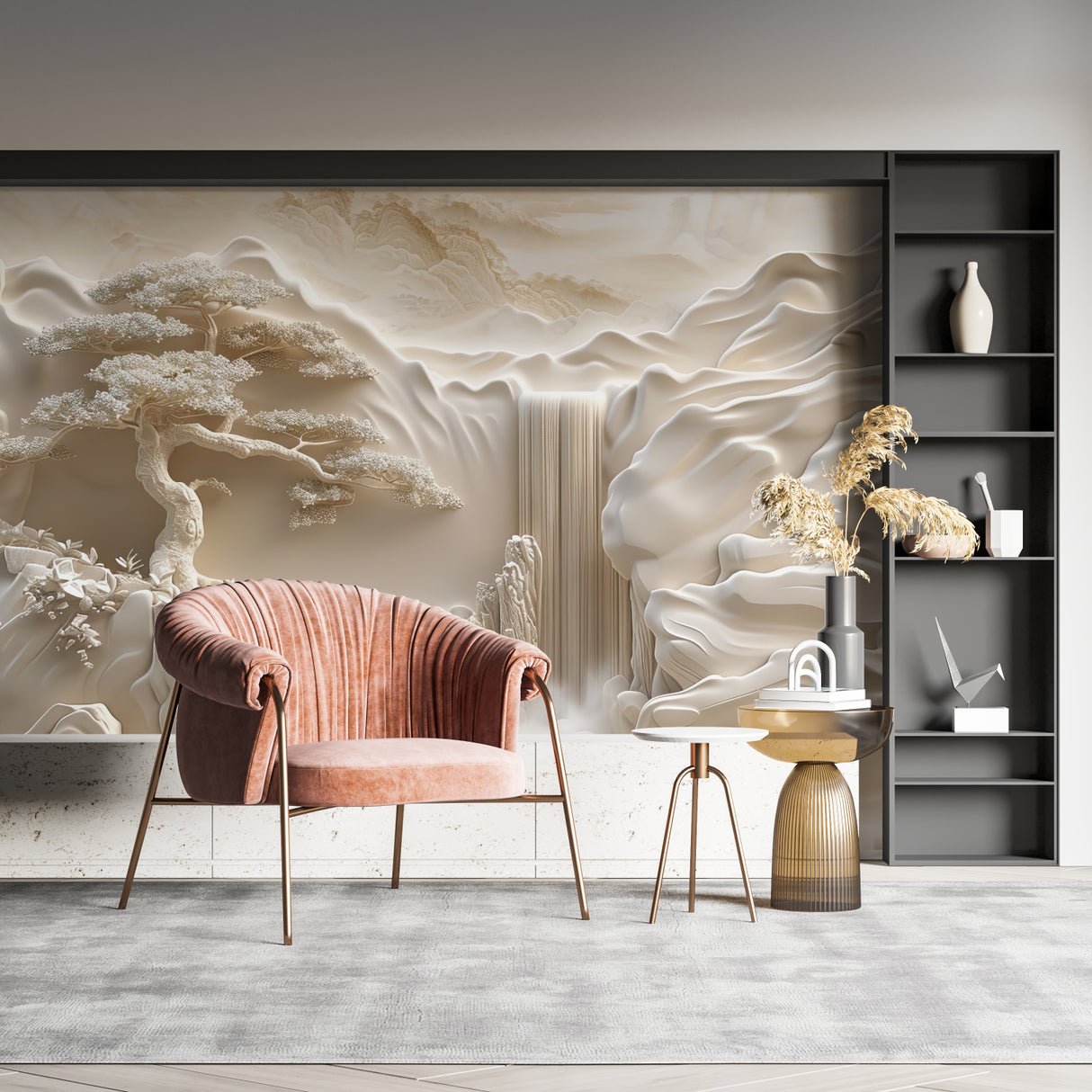 Japanese mountain waterfall mural creating depth in modern living room with minimal furniture