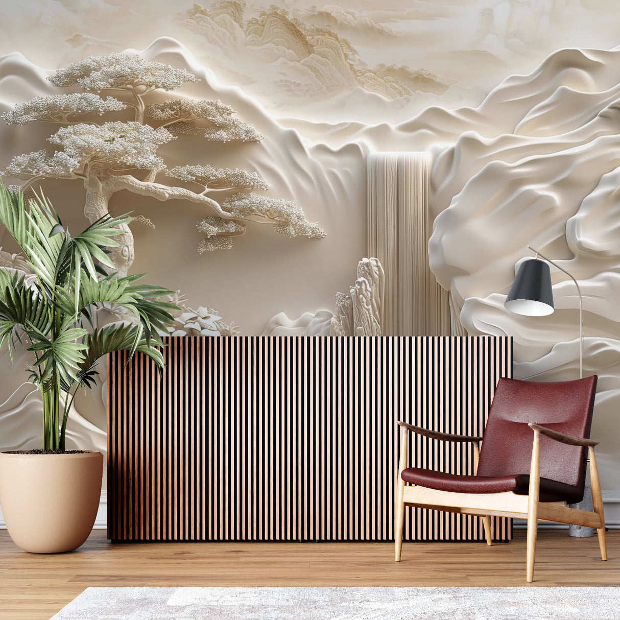 3D mountain waterfall wallpaper transforming bedroom wall with natural lighting