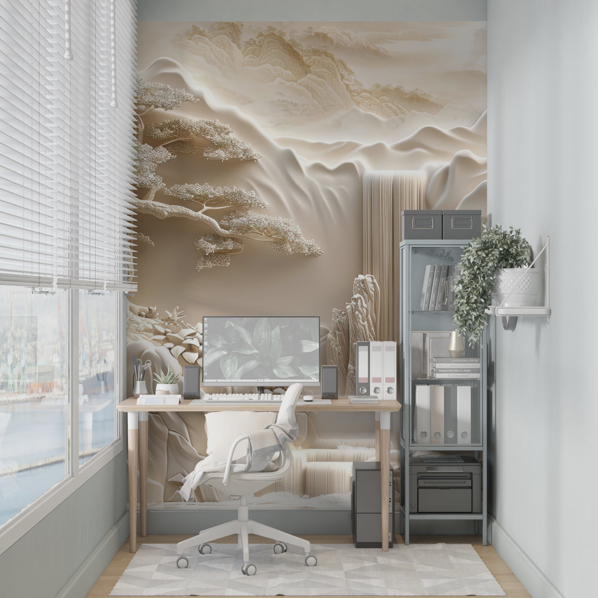 Japanese landscape mural in meditation room showing scale and atmosphere