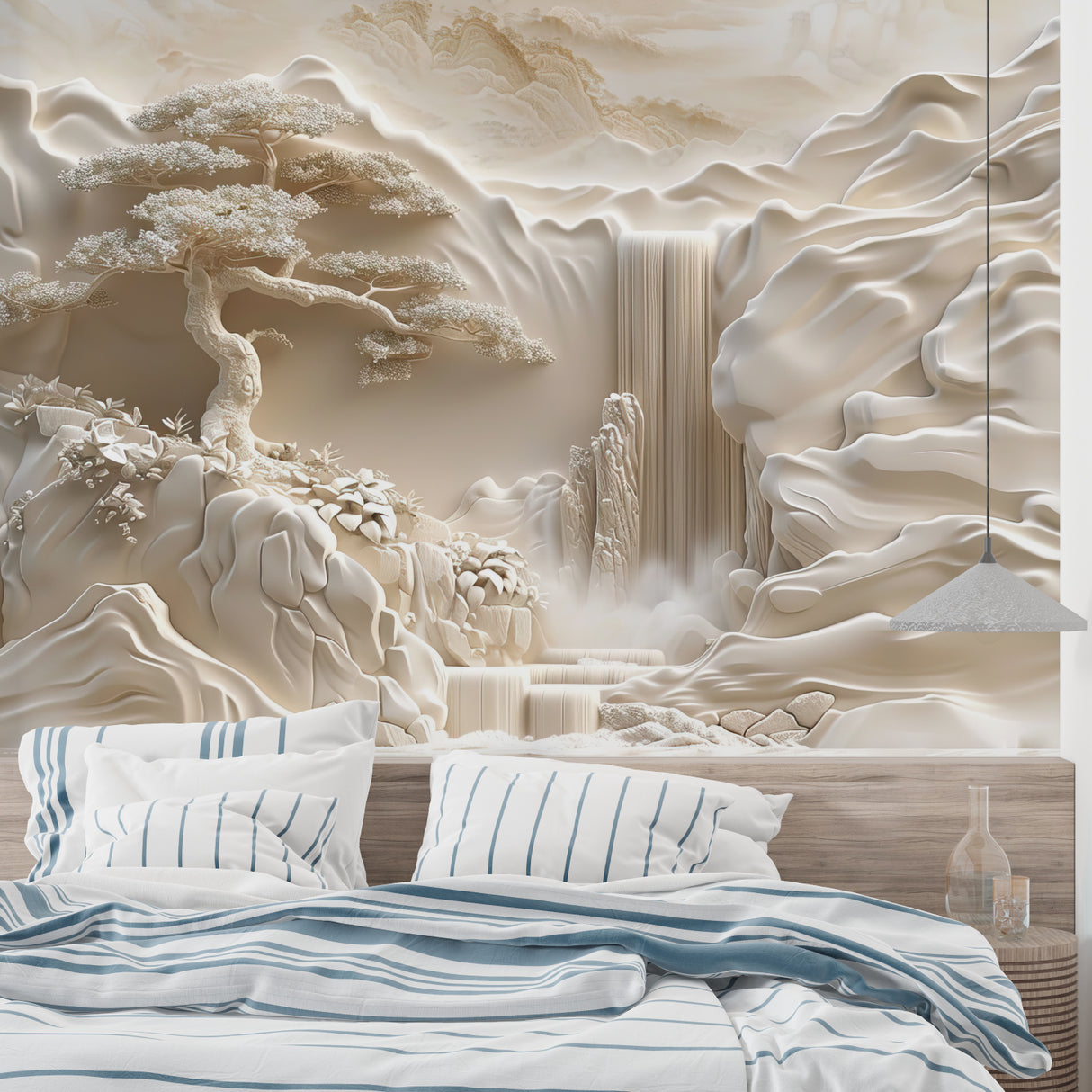 Waterfall wallpaper mural bringing nature into home office space