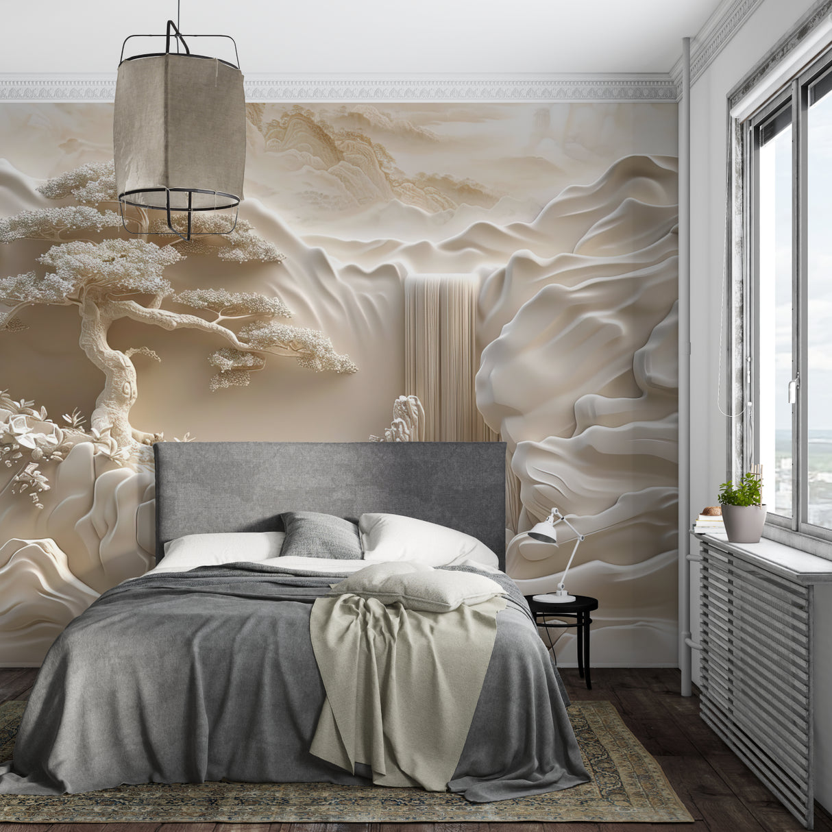 Mountain and bonsai mural creating focal point in dining room setting