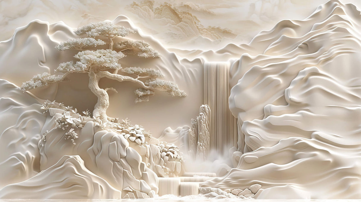 Design file of Japanese mountain waterfall with bonsai showing intricate pattern details