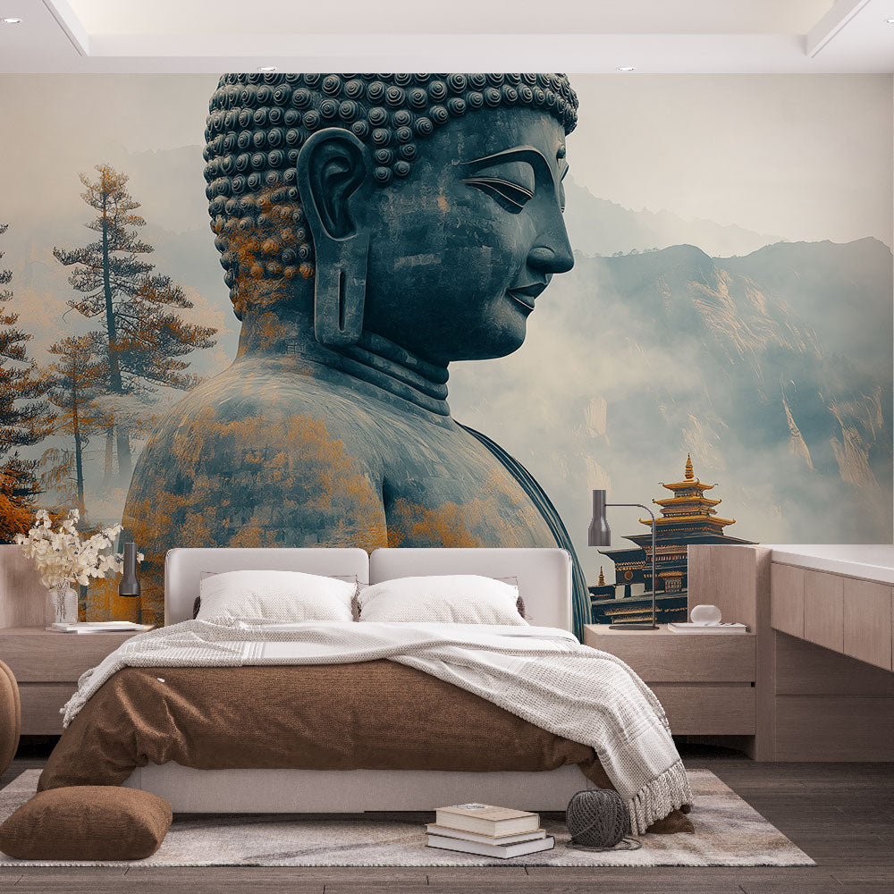 Japanese temple wallpaper creating a zen atmosphere in a modern living room with natural light highlighting the Buddha statue
