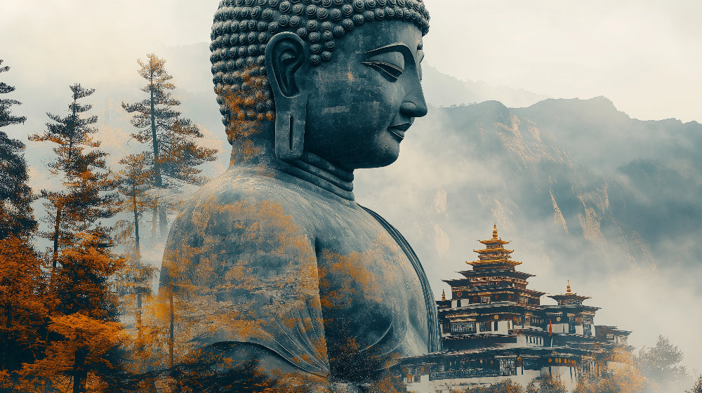 Japanese Buddha temple design file showing detailed autumn colors and misty mountain landscape