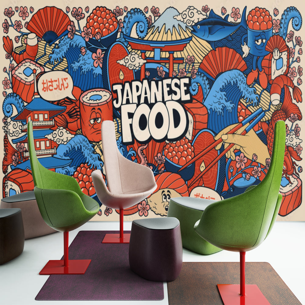 Japanese anime food wallpaper styled in modern restaurant interior with blue and red tones creating energetic dining atmosphere