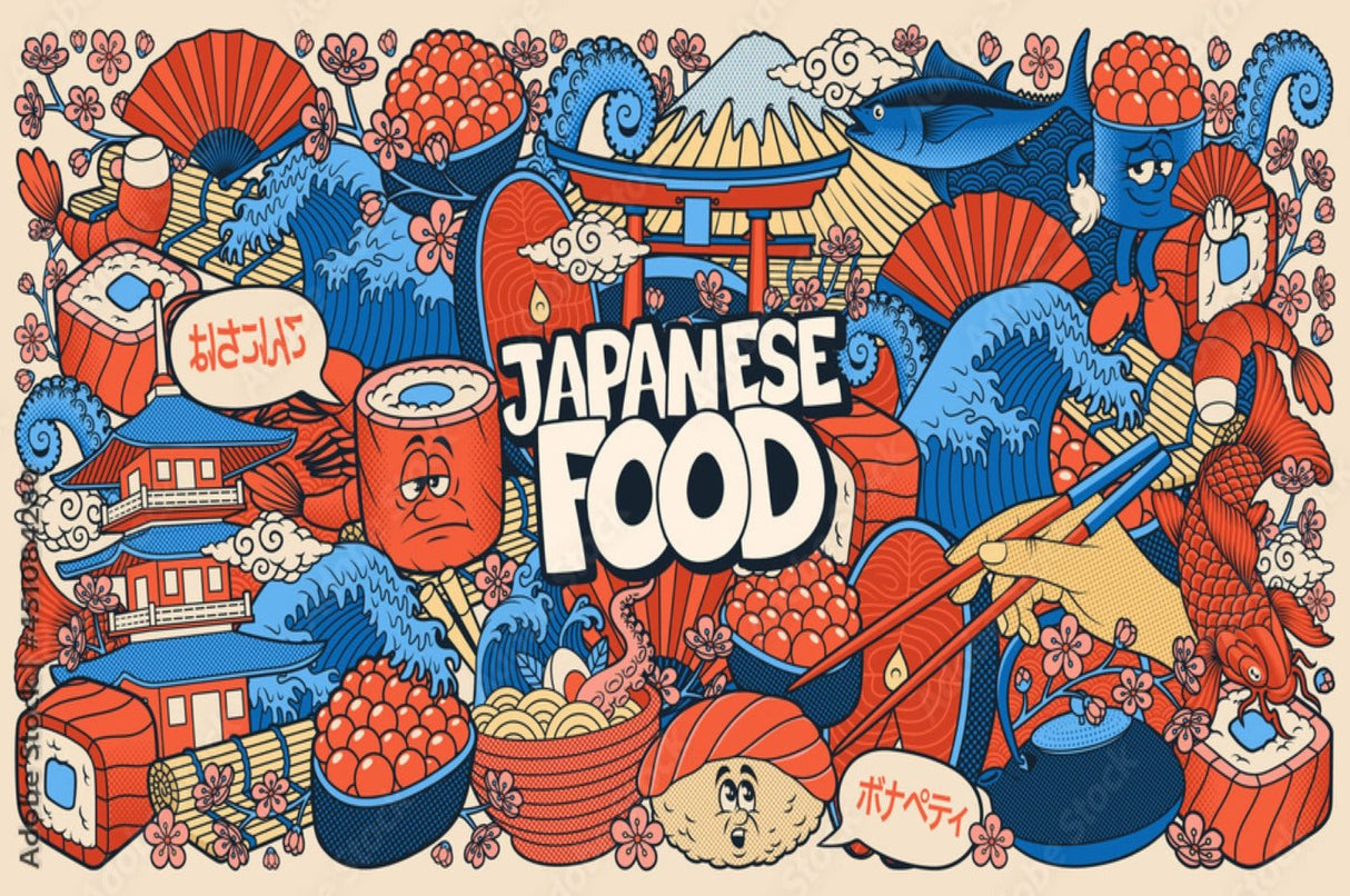 Japanese themed wallpaper design file showing detailed anime food illustrations and cultural symbols