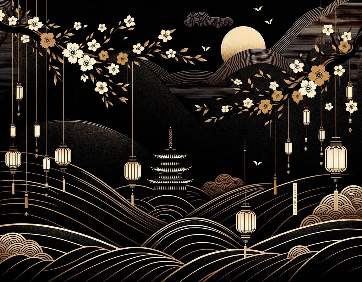 Black and gold Japanese temple design file showing intricate cherry blossom pattern and lantern details