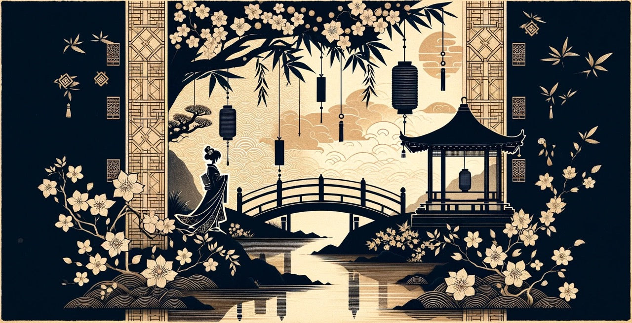 Design file of Japanese garden pattern with black and gold elements featuring zen landscape