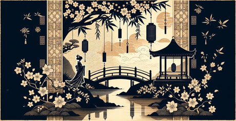 Design file of Japanese garden pattern with black and gold elements featuring zen landscape