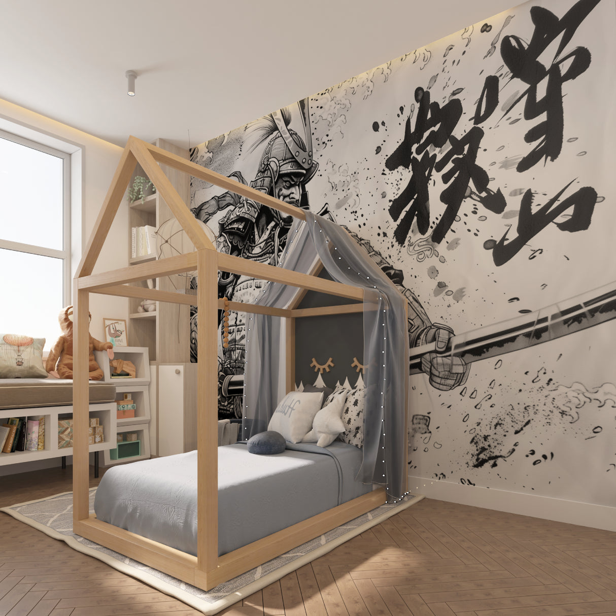 Black and white Samurai wallpaper in modern minimalist living room creating dramatic focal point