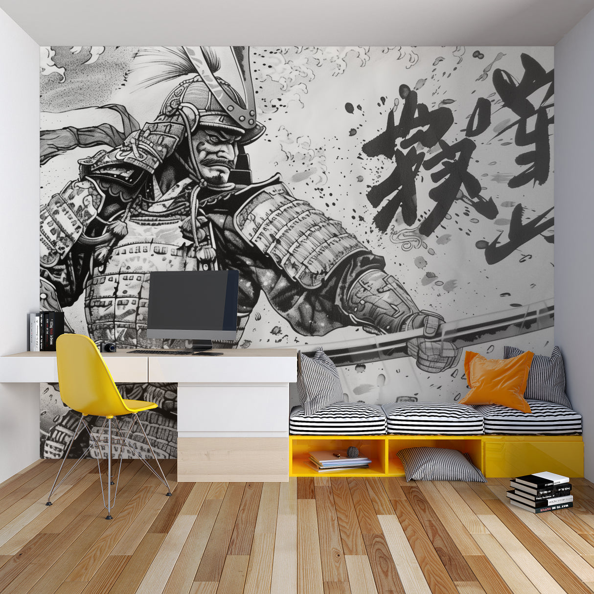 Japanese warrior wall mural in home office setting with clean contemporary furniture