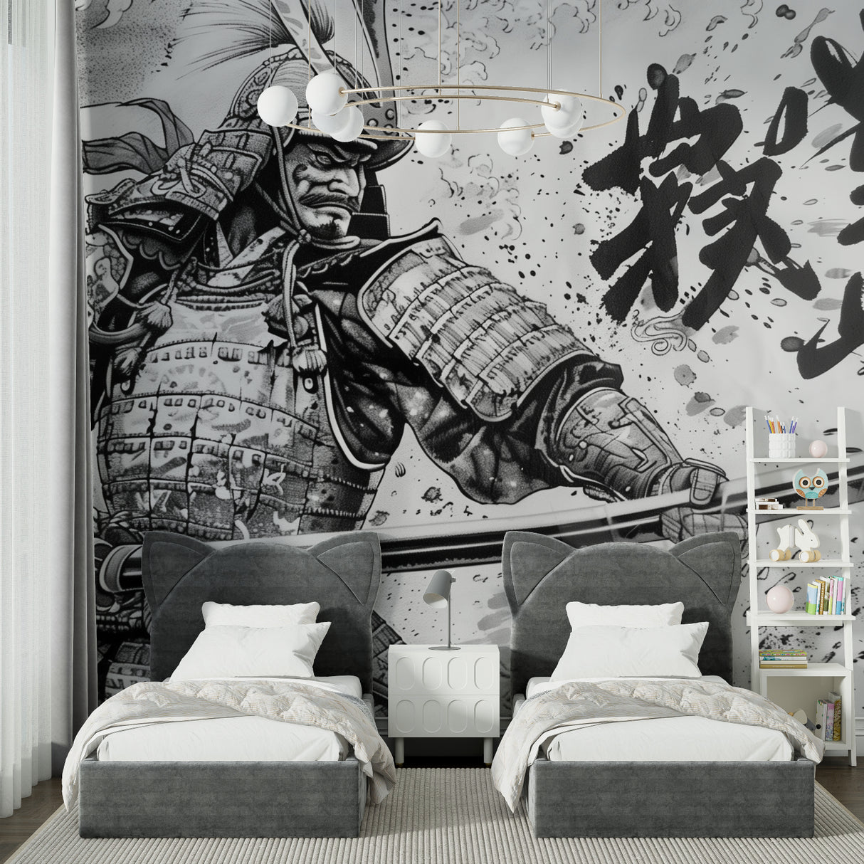 Samurai art wallpaper in Asian-inspired dining room with black accents
