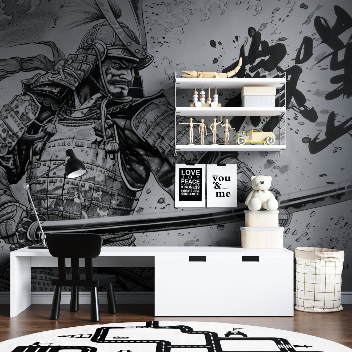 Black and white Japanese mural in meditation room showing scale and impact