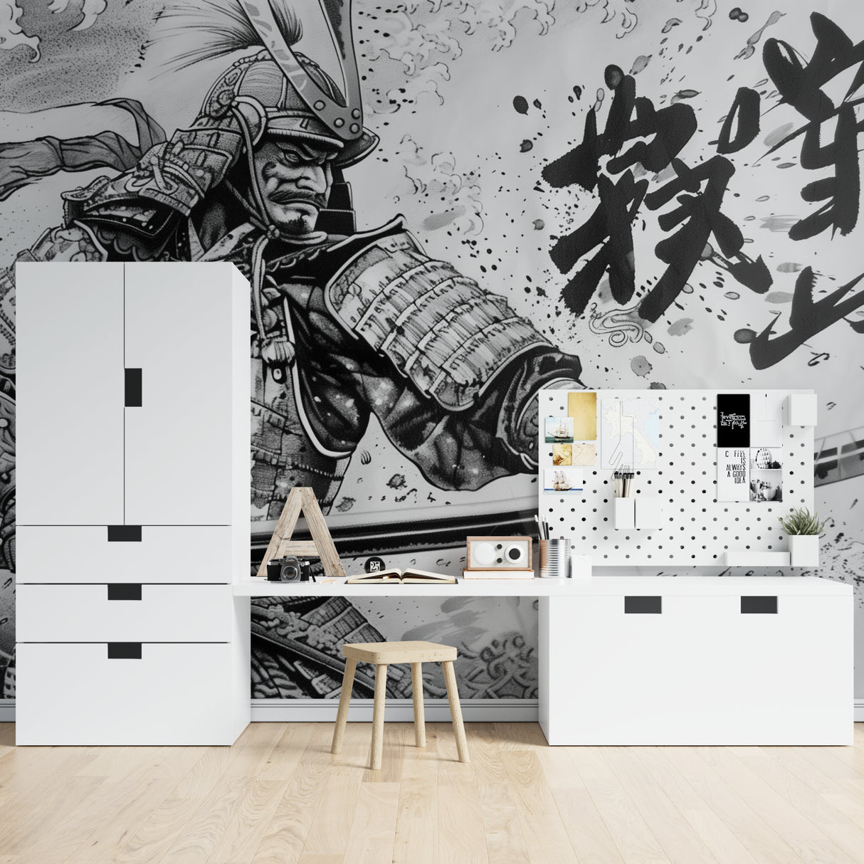 Dramatic Samurai wall art in bedroom highlighting monochromatic design