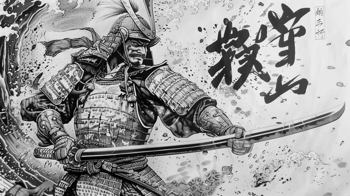 Japanese Samurai design file showing detailed ink brush strokes and artistic composition