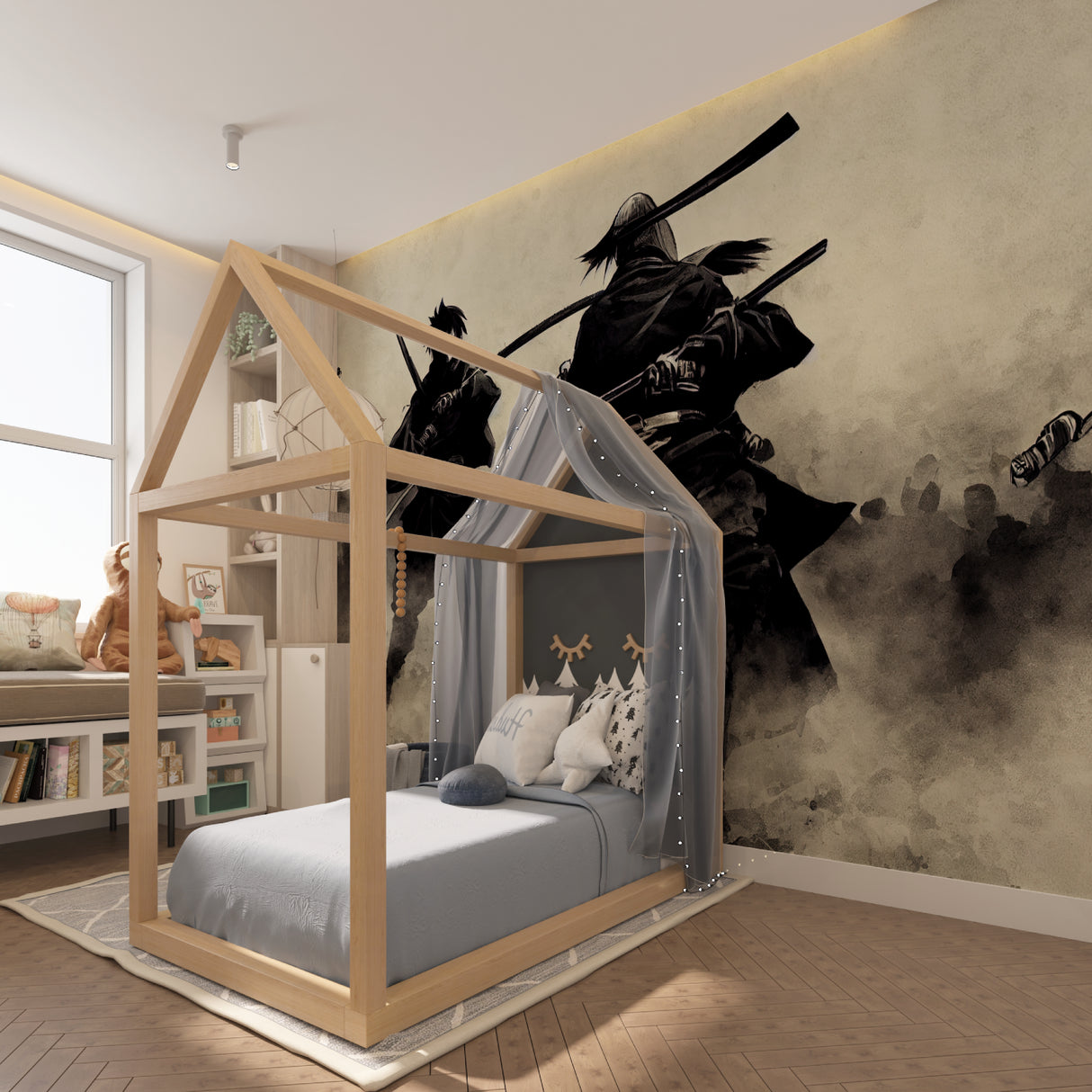 Black and White Samurai Mural installed in gaming room with ambient lighting
