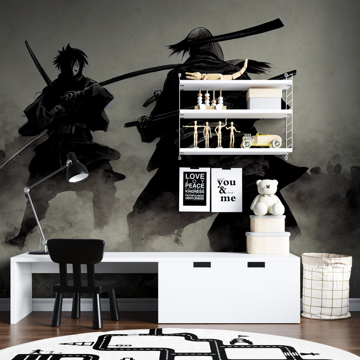 Japanese Warrior Wallpaper making statement wall in home office setup