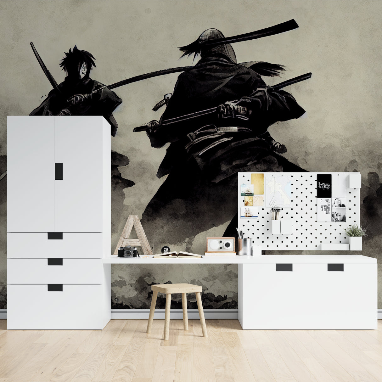 Japanese Mural featuring samurai warriors displayed in contemporary bedroom