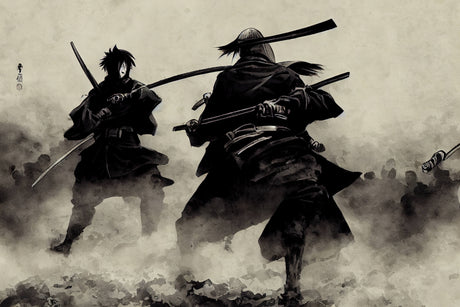 Design file of Black and White Samurai Battle artwork showing intricate brush stroke details