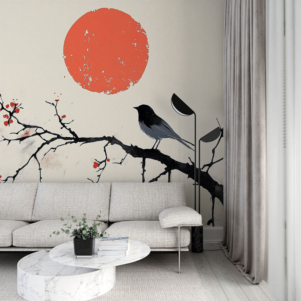 Japanese bird wallpaper with red sun creating a stunning focal point in a minimal living room with black furniture