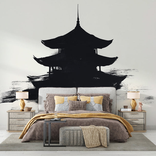 Japanese pagoda ink art wallpaper creating a striking focal point in a modern minimalist living room with clean lines