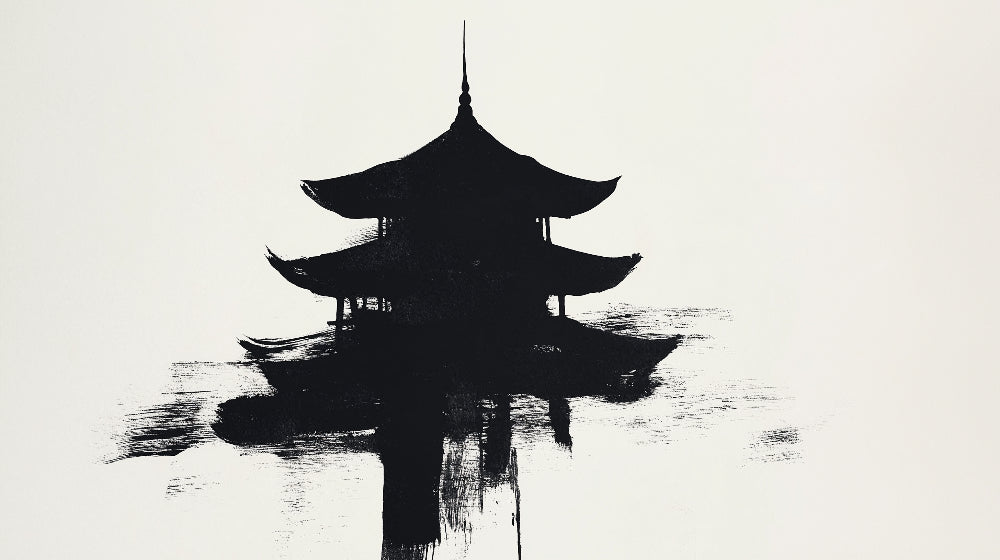 Black pagoda ink art design file showing detailed brushwork and authentic Japanese artistic technique