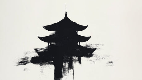 Black pagoda ink art design file showing detailed brushwork and authentic Japanese artistic technique