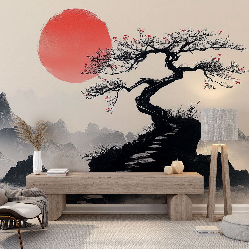 Japanese bonsai tree wallpaper styled in modern living room with minimal furniture and natural light