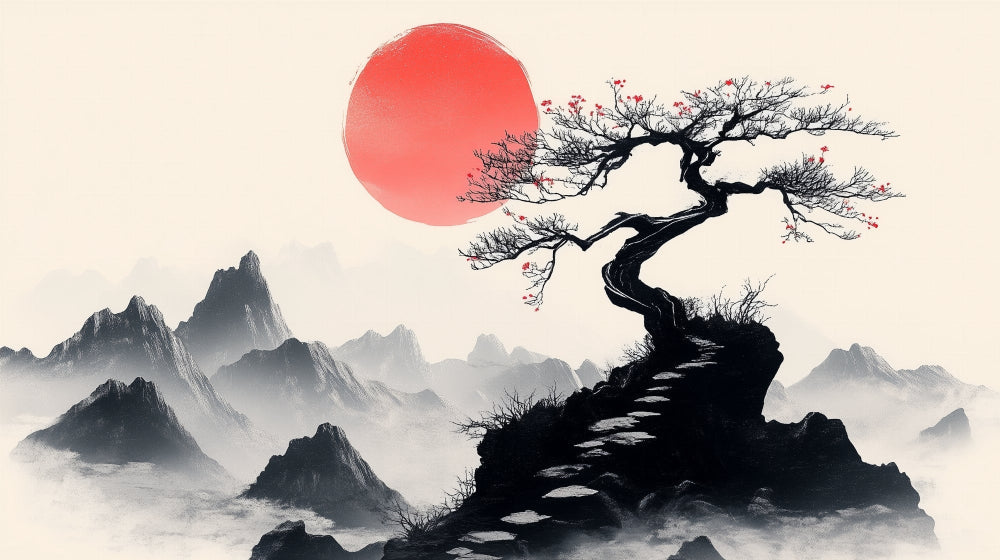 Japanese bonsai tree and red sun design file showing intricate pattern details