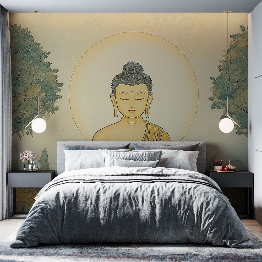 Japanese Buddha wallpaper creating a peaceful meditation corner in a modern living room with minimalist furniture