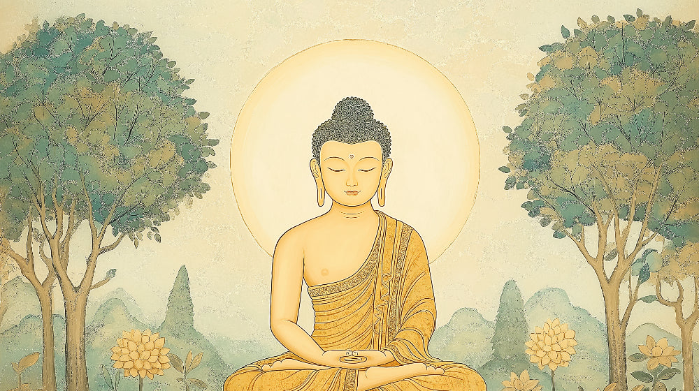 Japanese Buddha and Sacred Trees design file showing intricate pattern details and golden accents