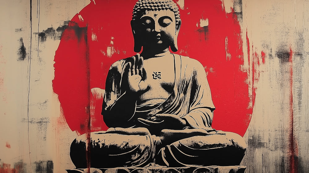 Japanese Buddha wall mural design file showing detailed art with red rising sun background pattern