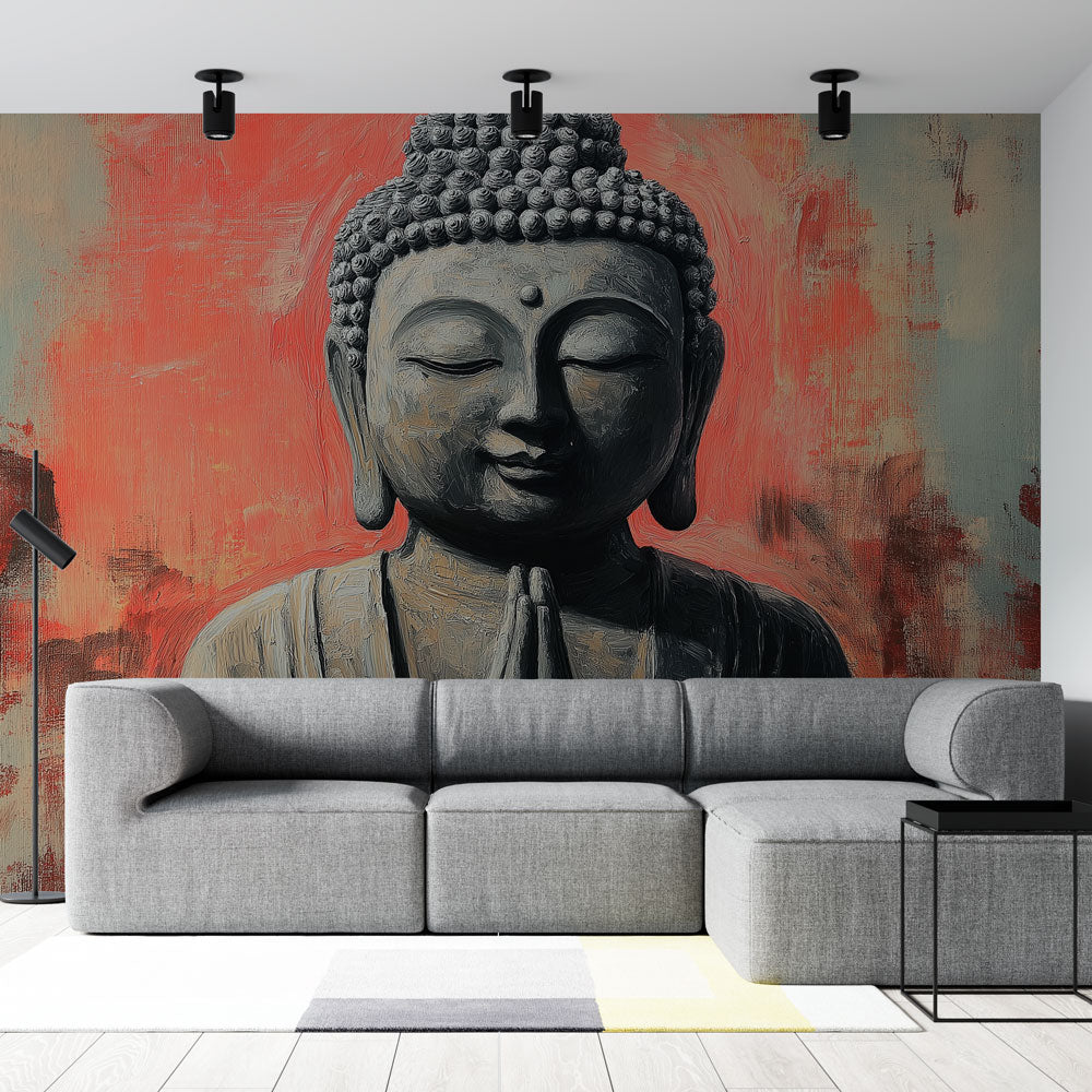 Buddha wall mural creating a peaceful meditation space in a modern living room with coral and grey tones