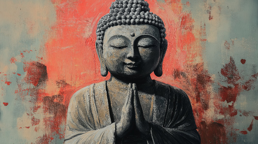 Japanese Buddha meditation art design file showing detailed stone texture and coral background pattern